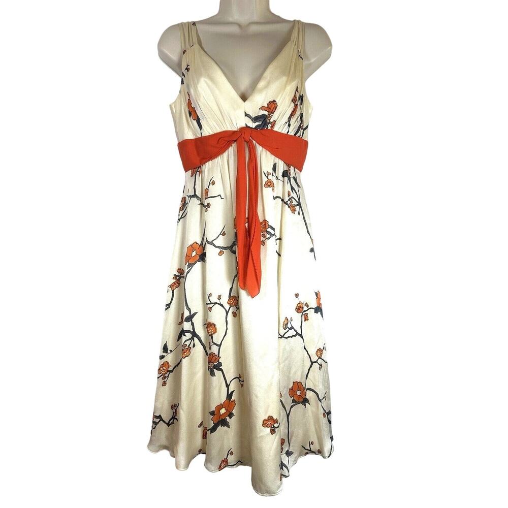 Kay Unger New York Sleeveless V Neck Floral rust Red Sash Bow Dress 4‎ GUC